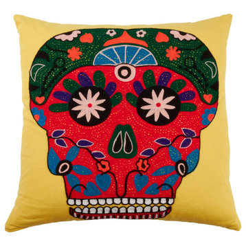 Poly Filled Bright Sugar Skull Design Pillow, 18"x18", Yellow