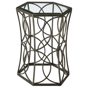 Modern Farmhouse End Table, Hexagonal Design With Glass Top and Circle Accents