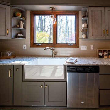 2 Tone Gray Kitchen with Quartz Countertop and Crackle Tile Backsplash
