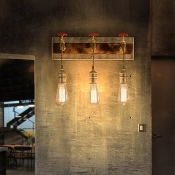 $105.99, Industrial Loft Metal Water Pipe 3-Light Wall Sconce with Exposed Ediso