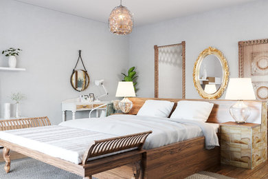 Large beach style master medium tone wood floor and brown floor bedroom photo in Other with white walls and no fireplace