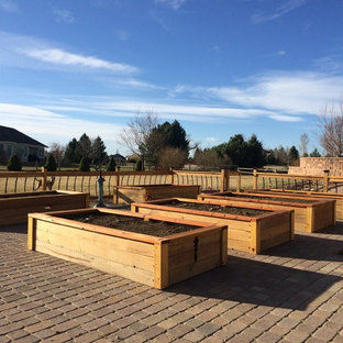 デンバーの大きいトランジショナルスタイルのおしゃれな裏庭のテラス (コンクリート敷き	、家庭菜園、日よけなし) の写真