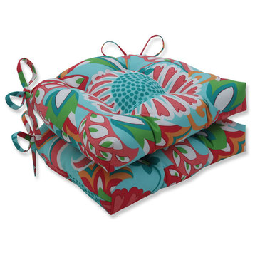 Outdoor/Indoor Sophia Turquoise/Coral Reversible Chair Pad, Set of 2