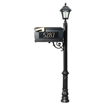 Mailbox Post System With Bayview Solar Lamp, 3 Address Plates And Ornate Base