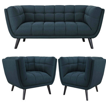 Bestow Upholstered Fabric Button-Tufted Loveseat With 2 Armchairs, Blue