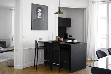 Small modern open plan kitchen in Paris with black cabinets, light hardwood floors and black benchtop.