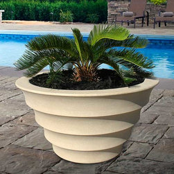 KuStone Round Melbourne 24" Crushed Stone Planter in Sandstone - Outdoor Pots And Planters