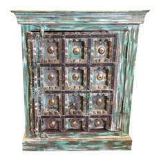 Consigned Antique Turquoise Distressed Rustic Chest Patina TV Console Cabinet