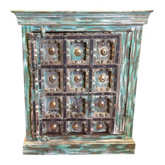 Mogul Interior - Consigned Antique Turquoise Distressed Rustic Chest Patina TV Console Cabinet - Accent Chests And Cabinets