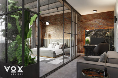 Diseño de dormitorio tipo loft urbano de tamaño medio sin chimenea con suelo de cemento, suelo gris, vigas vistas y ladrillo