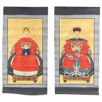 Pair Chinese Canvas Color Ink Royal Lady Gentleman Ancestor Paint Art