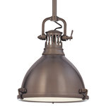 Hudson Valley Lighting - Pelham 1-Light Pendant, Historic Bronze, 8" - Inspired by vintage utility lighting, the Pelham One Pendant Light features a bell-shaped shade with a historic bronze finish. Cast metal tension clips hold a circular etched glass diffuser in place to produce a soft, ambient glow. Suspend multiple pendants above a kitchen counter or table for a subtle, industrial vibe.