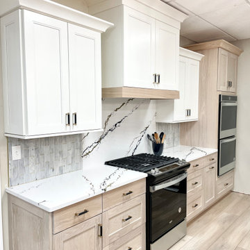 Wynnbrooke White Oak Sand and Linen White Kitchen With Gold Accents