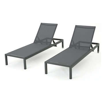 Set of 2 Patio Chaise Lounge, Aluminum Frame With 5 Positions Mesh Seat