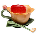 Cosmos Gifts Corp - Orchid 2-Piece Cup and Saucer Set With Spoon - This 2-Piece Orchid Cup and Saucer Set makes a stunning addition to a dinner or tea party. Made from porcelain in the shape of an orchid flower and leaf, this orange and green hand-painted cup and saucer set is vibrant and elegant. Includes a small tea spoon. Hand wash only.