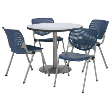KFI Round 36" Dia. Pedestal Table - 4 Navy KOOL Chairs - Grey Top