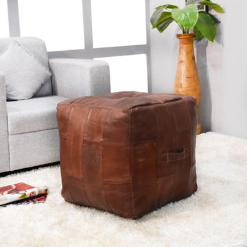 Geometric Handmade Leather Pouf (Recycled Foam with Fibre Fill) Brown [Square] 1
