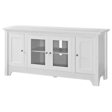 Transitional TV Stand, 2 Wooden Doors Cabinet and Center Glass Door Cabinet, White