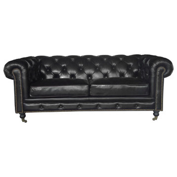 Vintage Leather 2-Seat Sofa Chesterfield, 76"x36"x30", Black