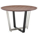 Armen Living - Joana 48" Round Walnut Tabletop Dining Table Stainless Steel and Black Base - Elevate your space with the refined charm and polish of the Joana Round Dining Table featuring a Walnut top and Metal base by Armen Living. The clever design and compelling combination of materials bring eye-catching sophistication to this contemporary dining table. Its round tabletop features a classic walnut veneer to showcase the rich finish and natural textures of the wood. It is perched upon a clean-lined, angular base to offer a sleek and modern design. Showcasing contrasting metal finishes, the Joana dining table offers a refined touch of luxury, and it serves as a chic and versatile addition anywhere from your eat-in kitchens to dining and living spaces. The round shape creates the perfect space for enjoying dinners and socializing. With a diameter of 48", our round dining table can comfortably seat up to 4 people. Our table is crafted from durable and easy-to-clean materials to offer a reliable and low maintenance surface for enjoying dinners, conversations, and more. Available with a Walnut tabletop and Black Iron base, with either Brushed Stainless Steel or Gold Stainless Steel as an accent finish, the Joana Round Dining Table anchors your space with a dose of class and timeless elegance.