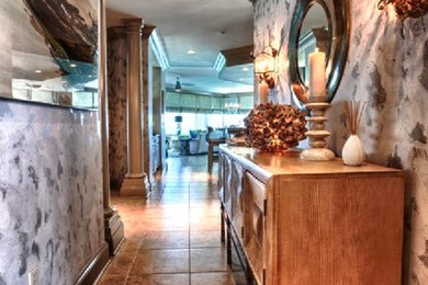 Entryway - mid-sized contemporary ceramic tile entryway idea in Miami with gray walls