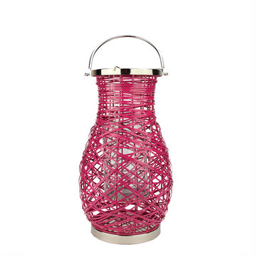 16.25" Modern Fuschia Pink Woven Iron Pillar Candle Lantern with Glass Hurricane