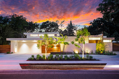 Design ideas for a large modern one-storey white house exterior in Tampa with a flat roof.