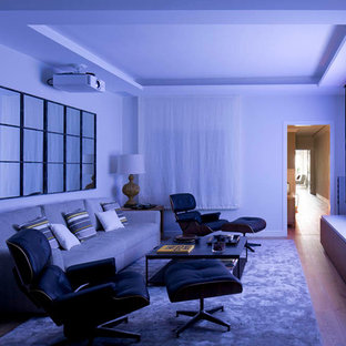 Inspiration for a medium sized scandi enclosed home cinema in Barcelona with white walls, medium hardwood flooring and a wall mounted tv.