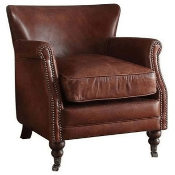 24" Vintage Dark Brown Top Grain Leather And Brown Solid Color Wingback Chair