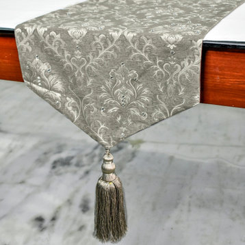 Luxury Table Runner Grey Jacquard 16"x90" Victorian Style, Damask - Isabella