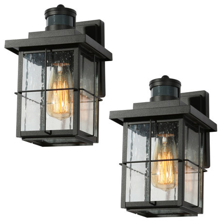 LNC Transitional 2-Pack Black Square Outdoor Wall Sconces, With Motion Sensor