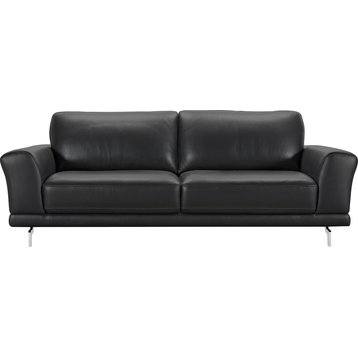 Armen Living Everly Modern Leather Sofa in Black and Brushed Silver