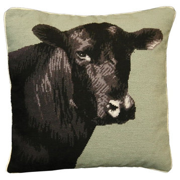 Throw Pillow Needlepoint Black Angus Cow 20x20 Ecru Cotton Velvet