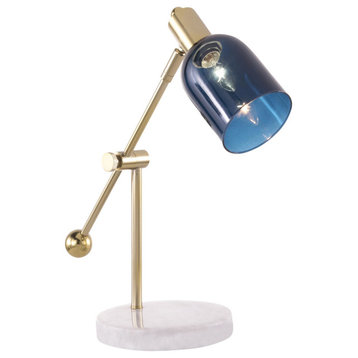 Marcel Contemporary Table Lamp, White Marble, Gold Metal/Blue Glass