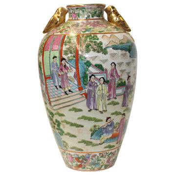 Chinese Oriental Porcelain People Scenery Golden Birds Vase Hws793