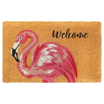 Pink Handloom Woven Pink Flamingo Welcome Coir Doormat, 18"x30"