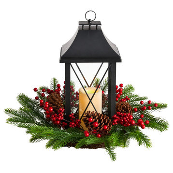 16" Holiday Xmas Berry, Pinecone & Greenery W/ Lantern & LED Candle Arrangement