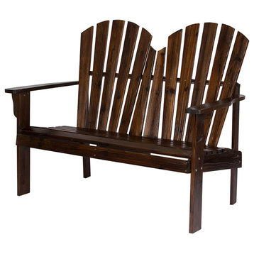 Outdoor Loveseat, Yellow Cedar Wood Construction With Slatted Seat, Burnt Brown