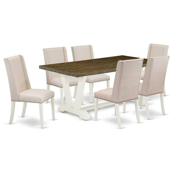 East West Furniture V-Style 7-piece Wood Dining Room Set in Linen White/Cream