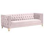 Meridian Furniture - Michelle Fabric Upholstered Chair, Gold Iron Legs, Pink, Velvet, Sofa - Upholstered in soft pink velvet, this Michelle sofa is sumptuously glamorous. Designed for upscale living, this chair features rich gold nail head trim and gold iron legs that keep it grounded in contemporary beauty. Tufted material covers every inch of this unit, and button tufting ensures that the unit stays plump and comfortable and holds up well to continual use. Pair it with other items in the collection for a cohesive look.