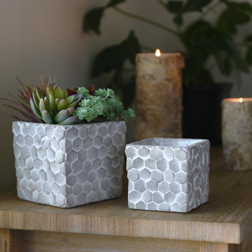Pots With Hexagonal Lattice Design, Washed Concrete Gray, 2-Piece Set