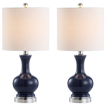 Cox 22" Metal and Glass LED Table Lamp, Set of 2, Navy and Chrome