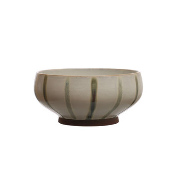 10" Round Hand-Painted Stoneware Bowl, Stripes, Reactive Glaze, Cream, Green