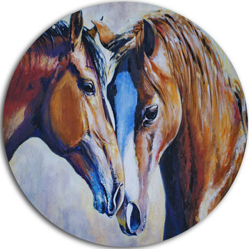 Brown Amorous Horses, Animal Painting Round Metal Wall Art, 11"