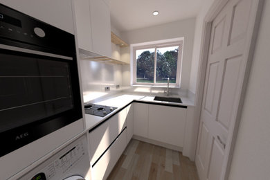 This is an example of a small contemporary l-shaped enclosed kitchen in Other with a built-in sink, flat-panel cabinets, medium wood cabinets, quartz worktops, white splashback, engineered quartz splashback, stainless steel appliances, vinyl flooring, no island, brown floors, white worktops and feature lighting.