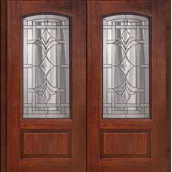Prehung Double Door 80 Fiberglass Marsala 1 Panel Arch Lite Glass - Front Doors