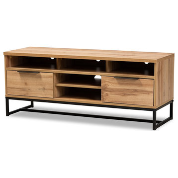 Modern and Industrial Oak Finished Wood and Black Metal 2-Drawer TV Stand