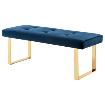 Posh Living Myles Tufted Velvet Bench with Stainless Steel Legs in Blue/Gold