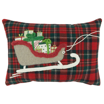 Plaid Pillow With Sleigh Design, Red, 12"x18", Cover Only