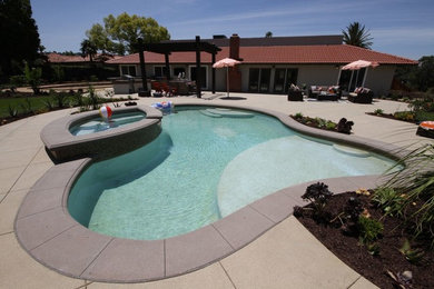 Hot tub - mid-sized transitional backyard concrete paver and custom-shaped lap hot tub idea in Orange County